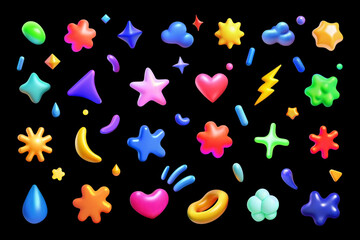 Colorful collection of 3D cartoon vector shapes and symbols on a black background. 3D set includes lightning, stars, clouds, drops, triangle, plus, shapeless elements.