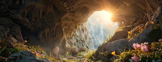 Jesus's resurrection from the tomb in photorealistic detail, focusing on the rocky interior devoid of flowers or greenery, illuminated by the soft morning light. - obrazy, fototapety, plakaty