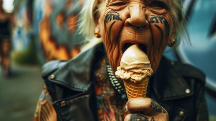 Tattooed senior woman enjoying ice cream.