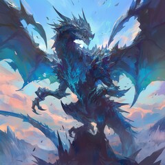 A blue dragon with wings and claws is depicted in a painting