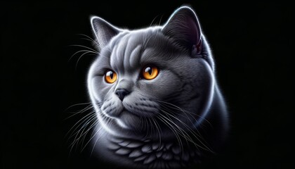 Majestic Feline Elegance: The Penetrating Gaze of a British Shorthair Against the Dark Void. A Symphony of Silver Fur and Intense Amber Eyes Captured in Exquisite Detail. 