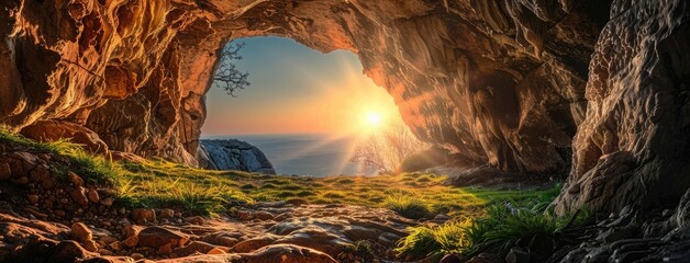 Jesus's resurrection from the tomb in photorealistic detail, focusing on the rocky interior devoid of flowers or greenery, illuminated by the soft morning light. - obrazy, fototapety, plakaty