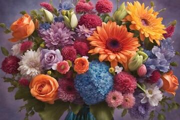 Create an enchanting image of a vibrant bouquet bursting with a variety of colorful blooms, each petal delicately detailed. - 39