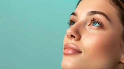 A womans portrait showcasing the subtle beauty of her enhanced nose set against a mint green background harmonizing with tranquility and space for text