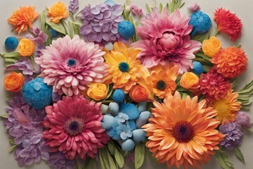 Create an enchanting image of a vibrant bouquet bursting with a variety of colorful blooms, each petal delicately detailed. - 34