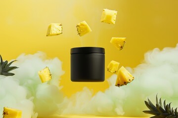 A magical display featuring a matte black jar with chunks of pineapple floating upwards, suggesting a luscious and tropical skincare product line.