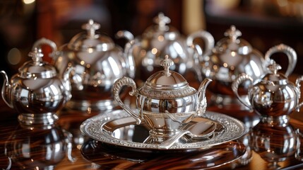 Fototapeta na wymiar An elegant, silver tea set arranged on a reflective, mahogany table, exuding a sense of luxury and tradition