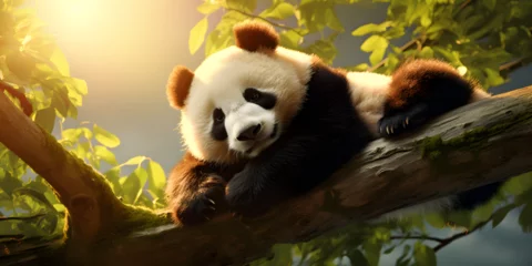 Foto auf Acrylglas HD 8k wallpaper.Beautiful panda with a baby panda ,PA little panda playing in the river,A panda bear sitting on top of a lush green forest © Zeee