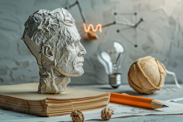 Paper sculpture of human head on desk with pencil and book, education, learning