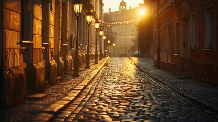 An atmospheric shot of an empty, cobblestone street at dawn, with vintage lamp posts casting long...