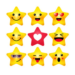 Set of cute stars, collection of 3D emoticons. Positive and friendly icons. Star shape with yellow faces. Animation idea. Internet messenger concept. Characters and buttons. Web symbols or buttons.