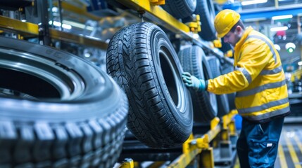 A man is inspecting a line of tires. The tires are black and are being made in a factory