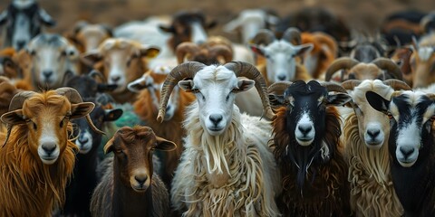 A group of rams and goats in Uzbekistan. Concept Animals, Wildlife, Nature, Uzbekistan, Rams - obrazy, fototapety, plakaty