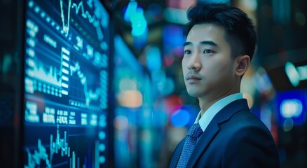 Asian business young man in suit looking at stock and trading graphs. Concept of technology and financial market