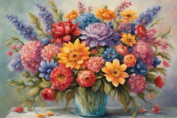 Create an enchanting image of a vibrant bouquet bursting with a variety of colorful blooms, each petal delicately detailed. - 27