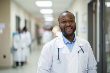 Black smiling doctor in a hospital hallway against the background of other blurred doctors