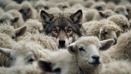 A wolf camouflaged within a herd of sheep, showcasing the proverbial idea of a hidden threat or deceit - obrazy, fototapety, plakaty