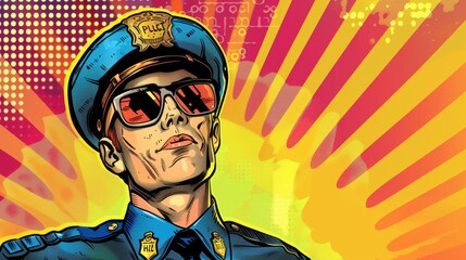 Vector illustration of close-up view of police officer. Comic book.