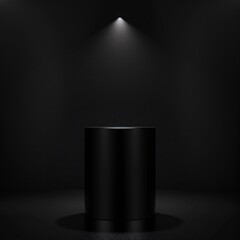 Bold black podium in a dark room spotlight on top for a dramatic product reveal