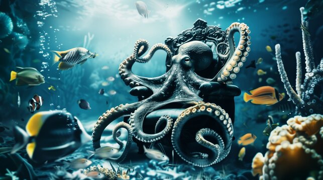 Majestic octopus reigning over a coral reef.