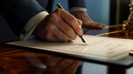 Businessman Signing Contract with Fountain Pen - obrazy, fototapety, plakaty