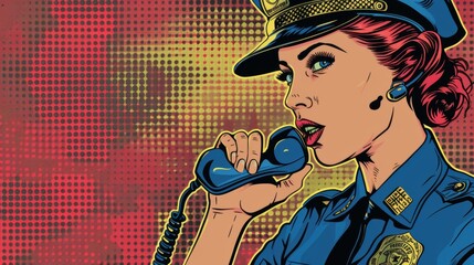 Vector illustration of female police officer. Comic book.