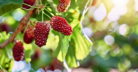 Vibrant Red Mulberries Adorning Tree Branch