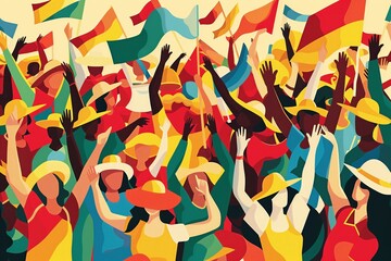 Vibrant illustration of a crowd with flags, encapsulating the essence of a festival or celebration in full swing.