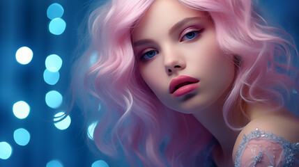 A perfect photo of a cute girl with subtle makeup highlighting her beautiful pink hair, against a colorful fantasy background