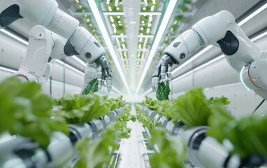A robotic arm trims plants in a greenhouse for precision cutting - obrazy, fototapety, plakaty