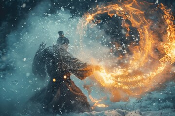 Fire and Ice Clash,A Warrior Brandishes a Flaming Sword in the Snowy Landscape, Frozen Action Shot Amidst Swirling Snowflakes
 - obrazy, fototapety, plakaty