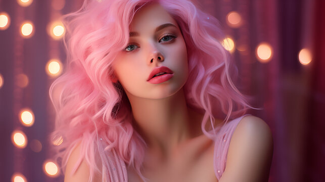 A perfect photo of a cute girl with subtle makeup highlighting her beautiful pink hair, against a colorful fantasy background