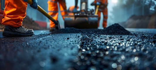 A close-up view of a road construction crew at work, showing details of workers, machinery, and the fresh asphalt being laid down