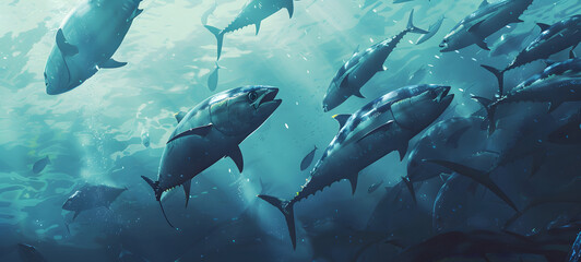 Obraz premium A serene underwater scene capturing numerous fish in their natural habitat, illuminated by light filtering from above. World Tuna Day. 