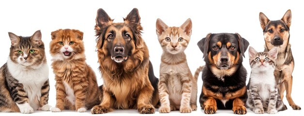 a large group of cats and dogs sitting together against a pristine white background in a panoramic photograph, offering high-resolution rendering without shadows or text