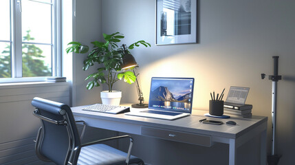 Clean and Modern Minimalist Workspace with Ergonomic Setup Promoting Health and Well-being