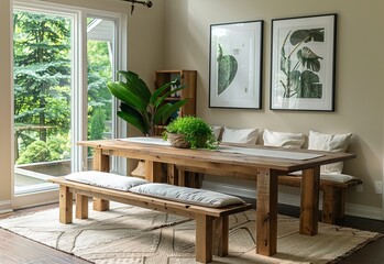 Dining table with set against light green walls and floor-to-ceiling windows with lush trees outside