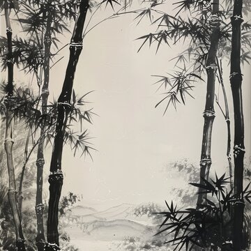 A painting of bamboo trees with a mountain in the background