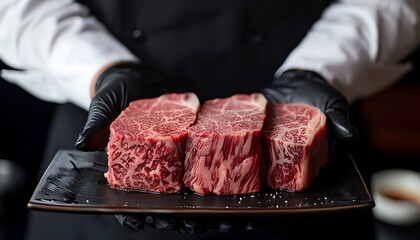 Skilled butcher showcasing a prime, marbled Wagyu beef steak - Powered by Adobe