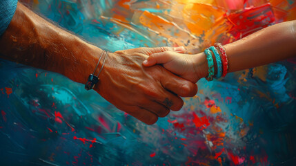 Artistic rendering of a father and childs hands clasped together with matching wristbands - obrazy, fototapety, plakaty