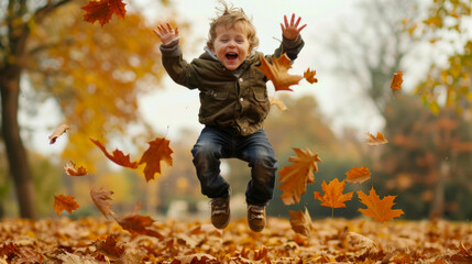 An image of a child jumping joyfully into a pile of autumn leaves