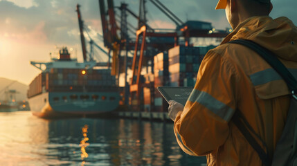 Close-up shot of a logistician using a tablet to remotely manage cargo operations with the bustling port and an innovative cargo ship in the background
