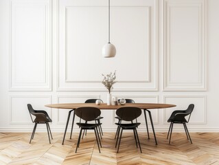 Dining table with chairs in a white room mockup, with a wooden floor and a pendant light