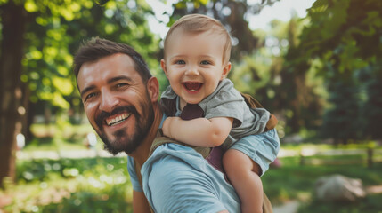 Naklejka na ściany i meble High-resolution photograph of a happy Caucasian father giving his child a piggyback ride in a lush green park with a wide smile on both their faces