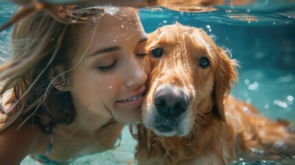 Portrait of a beautiful young woman with her dog in swimming pool