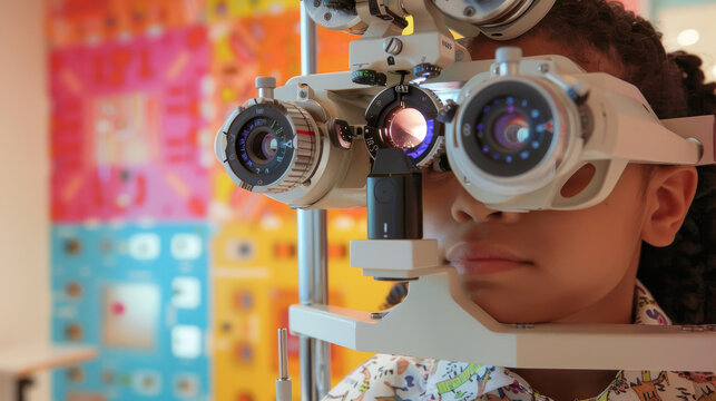 High-resolution photograph of a pediatric patient looking through a phoropter during an eye test with the optometrist adjusting the device