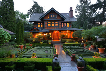 Twilight view of a Craftsman house with a nearby topiary garden and intricate designs