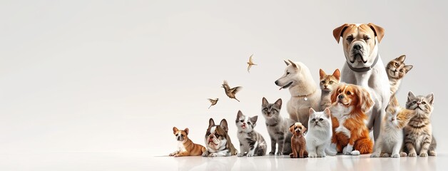a large group of cats and dogs sitting together against a pristine white background in a panoramic photograph, offering high-resolution rendering without shadows or text