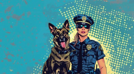 Vector illustration of police dog and a female police officer. Comic book.