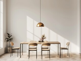 3D rendering of a simple dining table with chairs in a white room mockup, in the style of wood and black meta